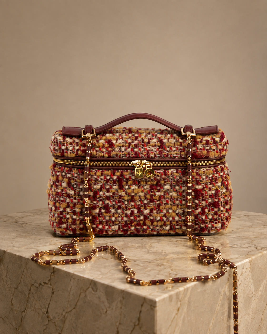 Bolsa Loro Piana Extra Pocket, tweed multicolor bordô com corrente entrelaçada