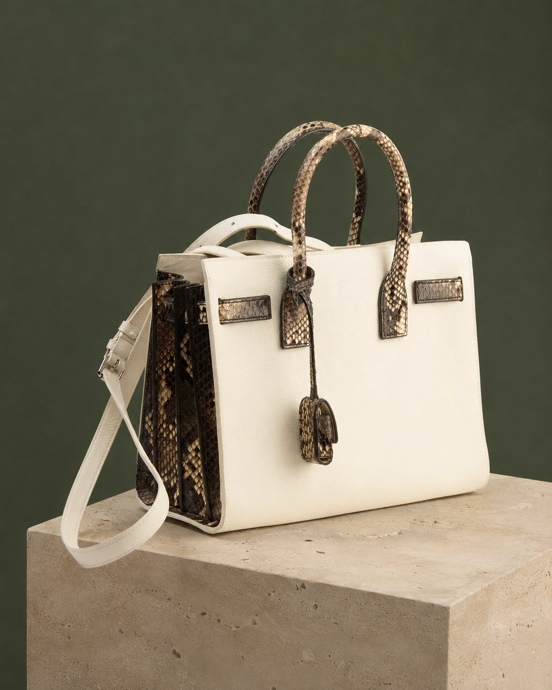 Bolsa Saint laurent sac jour, couro creme com alças em python, fundo verde